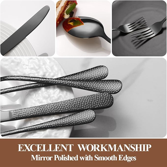 40 Pcs Black Silverware Set for 8, Food Grade Stainless Steel Flatware Set, Eating Utensils Sets Include Fork/Knife/Spoon, Reusable Cutlery Set for Home Kitchen, Dishwasher Safe, Wave Hammered
