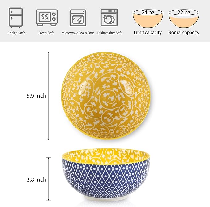 Selamica Ceramic Cereal Bowls Set of 6, 24 Oz Deep Soup Bowls for Kitchen