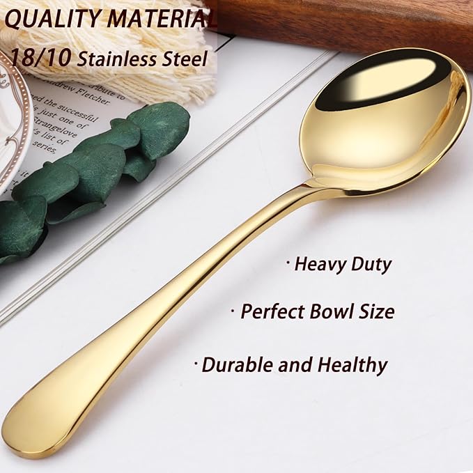 Mafier 7" Round Soup Spoons Set of 4,18/10 Stainless Steel Heavy Duty with Deep Bowl,Fine Mirror Polished,Dishwasher Safe(Gold)
