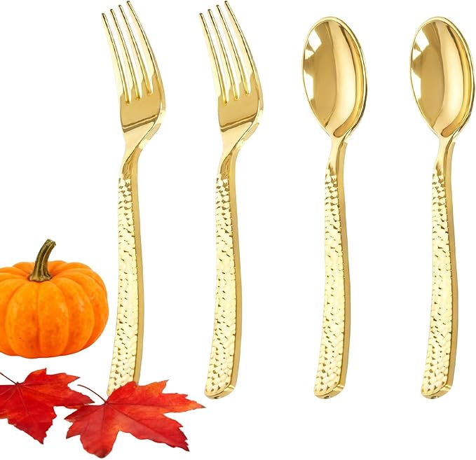 KIRE 400PCS Gold Plastic Spoons and Forks Disposable - Gold Plastic Silverware Set Disposable Spoons and Forks Set for Thanksgiving Party,Birthday