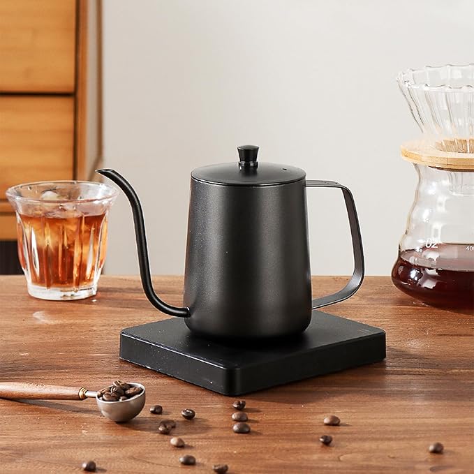 Pour Over Kettle, 12oz Stainless Steel Gooseneck Spout Pour Over Coffee Kettle, Long Narrow Drip Spout Coffee Tea Pots for Precision Pouring, Home Brewing, Camping (12oz, Black with Lid)