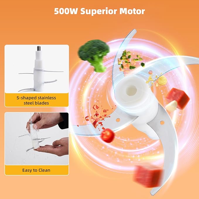 COOKZHOM Food Processor,Electric Food Chopper with 500W Stainless Steel Motor & 2 Sharp Blade Sets,8-Cup Glass Bowl for Meat, Vegetables, Fruits and Nuts