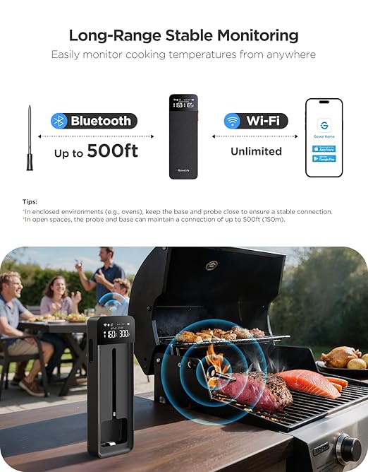 GoveeLife Bluetooth Wireless Meat Thermometer with Digital Standalone LCD Base, WiFi Unlimited Range, ±1.8℉ Accuracy, Food Grade Internal Ambient Sensor Probes for Kitchen, BBQ, Grill, Oven, Smoker