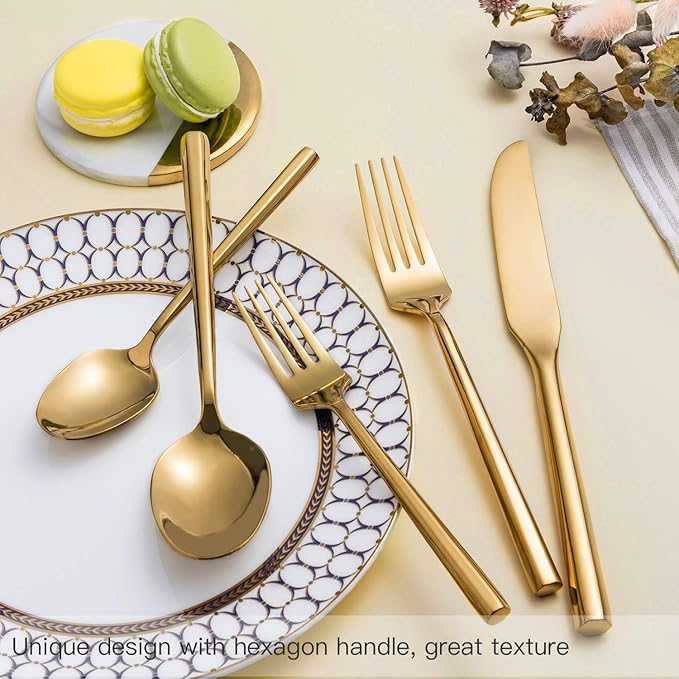 Kelenfer Gold Silverware Set Flatware Set Stainless Steel Cutlery Set 40 Pieces Hexagon Handle Home Kitchen Daily Use Service for 8