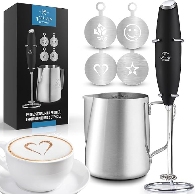 Zulay Premium Gift Milk Frother Set – Handheld Coffee Frother with Stand, 12oz/350ml Frothing Pitcher + 4 Latte Art Stencils – 13,000 RPM Motor, SS Whisk, Battery Operated – Barista Kit (Black)