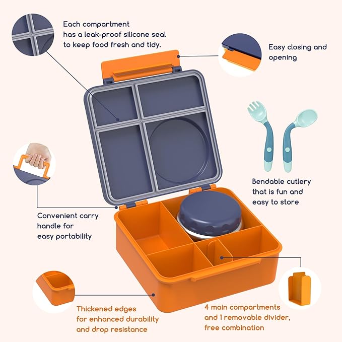 JoyYum Bento Box for Kids - Leak-Proof Bento Lunch Box with Insulated Thermo Food Jar - 4 Compartments, 1 Removable Divider, 1 Spoon, 1 Fork - Dishwasher Safe, BPA-Free (Navy blue)
