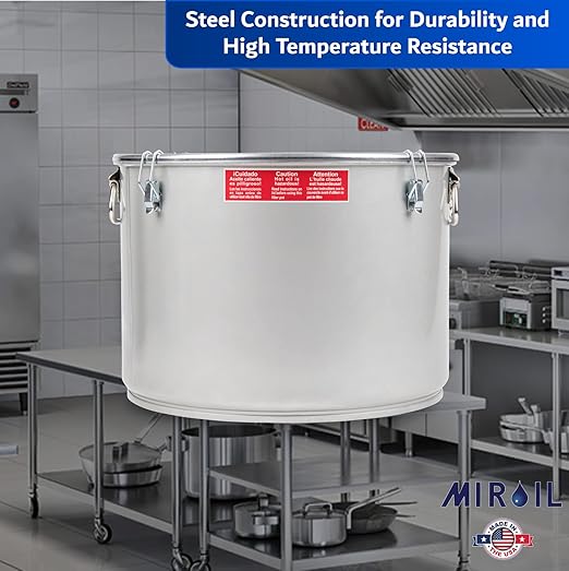 MirOil Oil Grease Bucket & Filter Pot, Silver (7 Gallon) – Fryer Container w/Lid Lock & Clip, Food Grade Interior Coating - Hot Grease Collection Pot - Made In USA – Model #60L