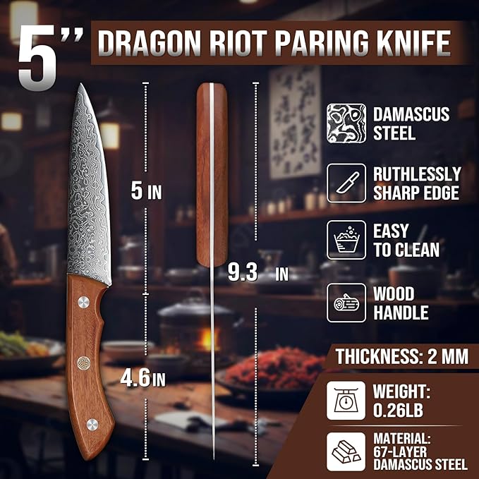 DRAGON RIOT 5 Inch Damascus Paring Knife, VG10 Steel, Fruit Knife | VG10 Steel Core, Ergonomic Wood Handle, For Slicing, Chopping and Everyday Food Prep