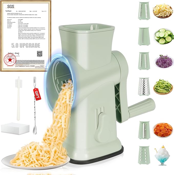 2025 Upgrade 6-In-1 Cheese Grater【 Military-Grade SUS304 Blade - 3S Fast Cut】【SGS Certification - German Nano Strong Suction Base】Cheese Grater Hand Crank Suitable for Home Use (Green)