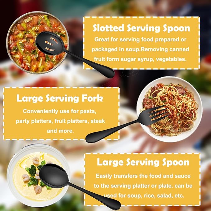 IAXSEE 6 PCS Stainless Steel Serving Utensils, Large Serving Spoons Slotted Spoons, Forks, Ice Suger Tongs, Cake Server, Soup Ladle, Metal Utensils Set Great for Buffet Catering Banquet Party, Black