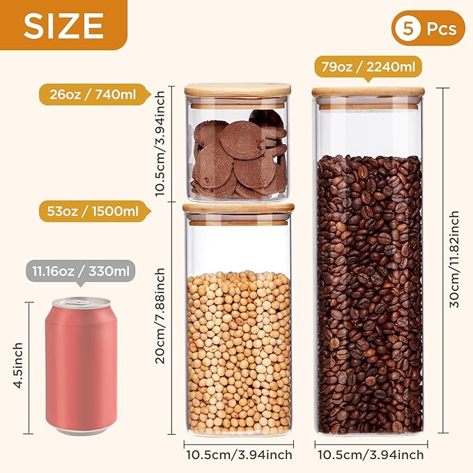 Spreccio Square Glass Food Storage Jars with Lids[Set of 5], Perfect for Pasta, Cookies, Nuts, Coffee, Cereal, Flour,Organize Your Kitchen and Pantry with these BPA-Free Glass Jars with Canisters