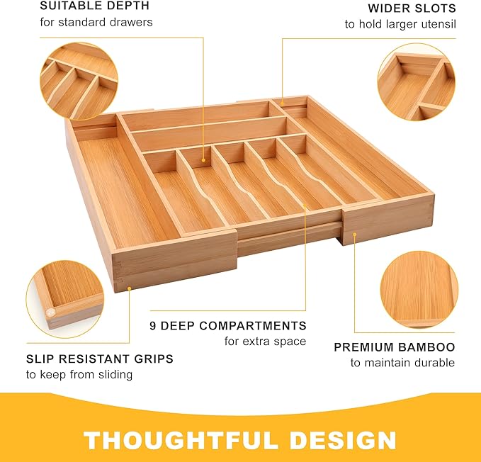 Large Premium Bamboo Silverware Organizer - Expandable Drawer Organizer & Utensil Organizer - 17"x19.7" Cutlery Tray with Dividers for Kitchen Utensils and Flatware (7-9 Slots) (Natural)