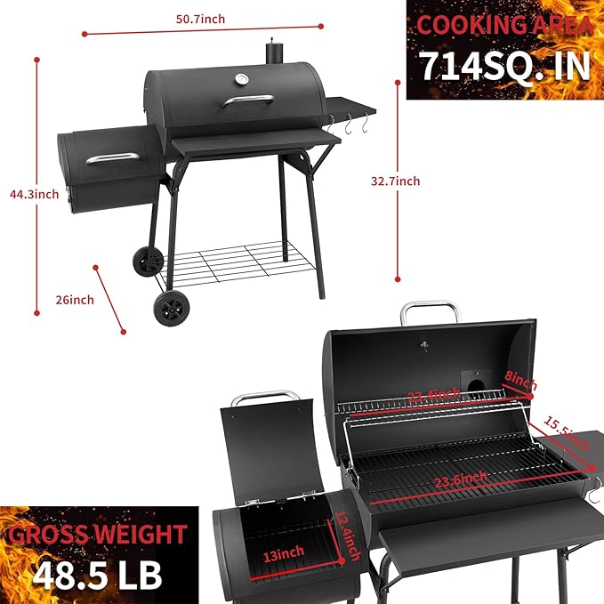 Kendane Barrel Charcoal Grill with offset smoker, 714 Square Inches Cooking Area, Outdoor BBQ Grill with Front and Side Shelf, Perfect for Backyard, Patio Parties and Picnics
