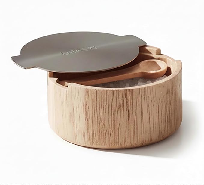 LIBKEN Wooden Salt Box with Stainless Steel Lid & Spoon – Rubberwood Keeper to avoid Dust, Minimal Scandinavian Bowl for Pepper, Spices, Herbs and Salt Storage Container - Wooden