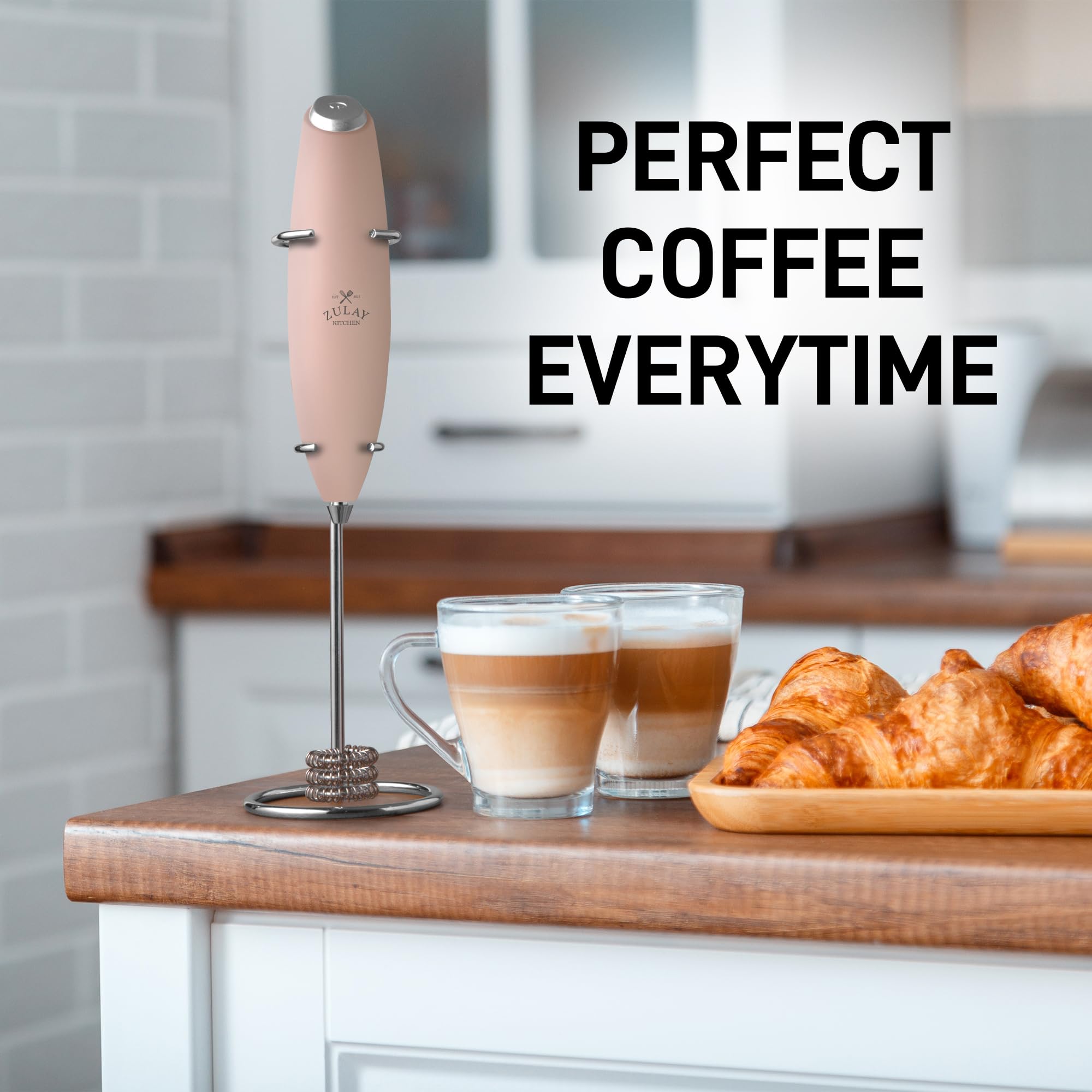 Zulay Kitchen Powerful Milk Frother Wand With Duracell Batteries - Ultra Fast Handheld Drink Mixer - Electric Whisk Foam Maker for Coffee, Lattes, Cappuccino & Matcha - Triple Whisk - Peach Pink