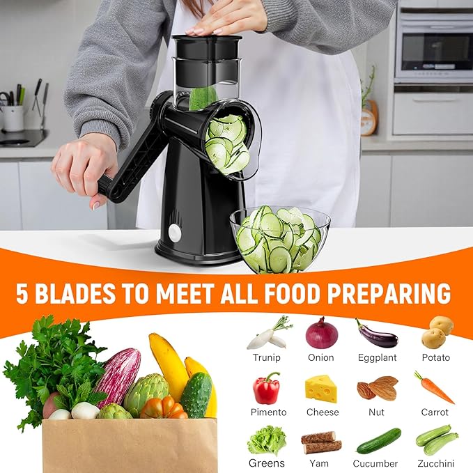 Rotary Cheese Grater Hand Crank, 5-in-1 Vegetable Chopper Spiralizer Slicer