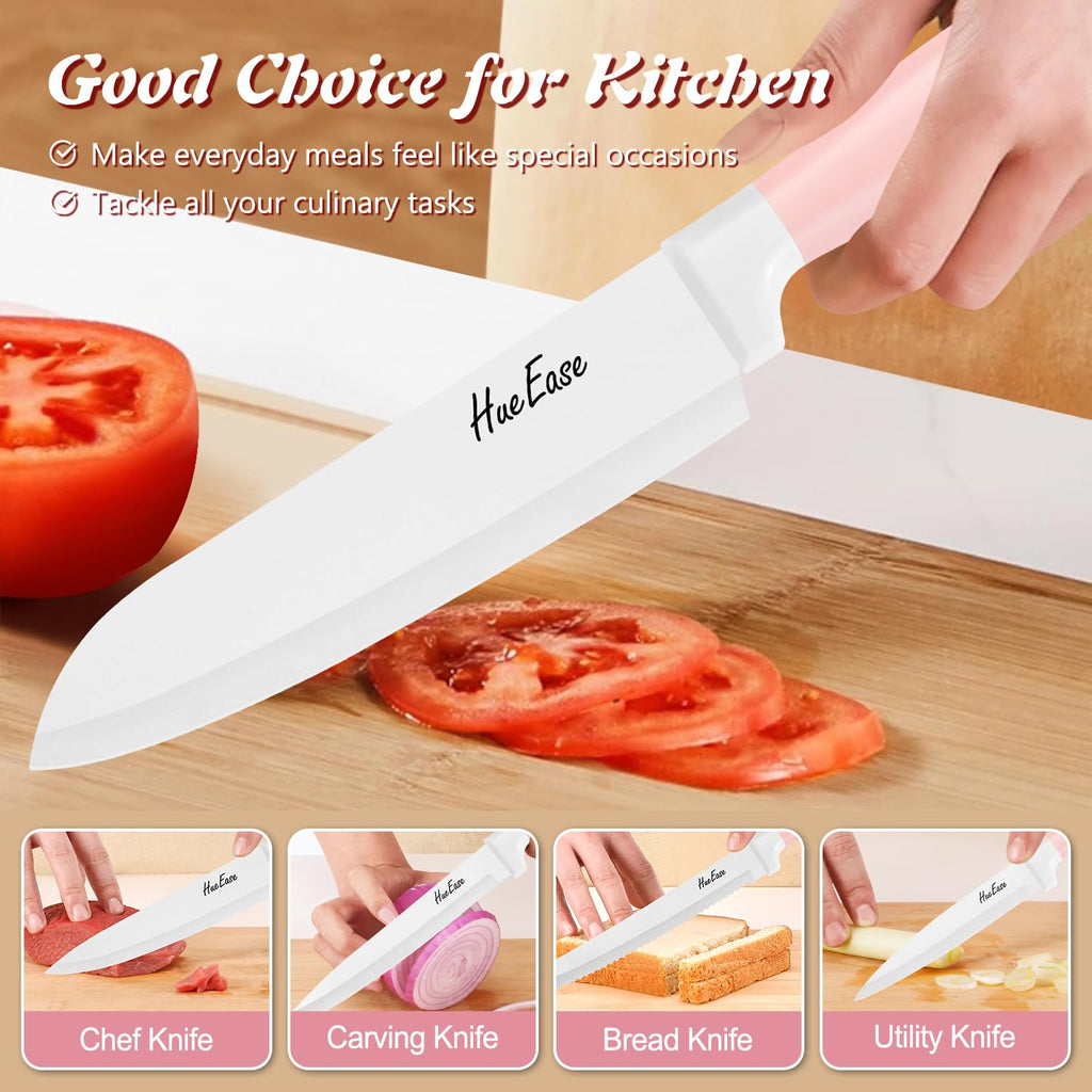HueEase 14 Pieces Knife Set with Block, Ceramic White Coating, High Carbon Stainless Steel Sharp Blade Block Knife Set, Dishwasher Safe Cutlery, Colliding Pink