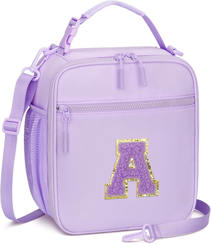 CLOUDWINGS Initial Insulated Lunch Bag for Girls Kids, Back to School Gift, Reusable Leak-proof Lunch Box with Adjustable Strap for School Daycare Travel Picnic (Purple,A)