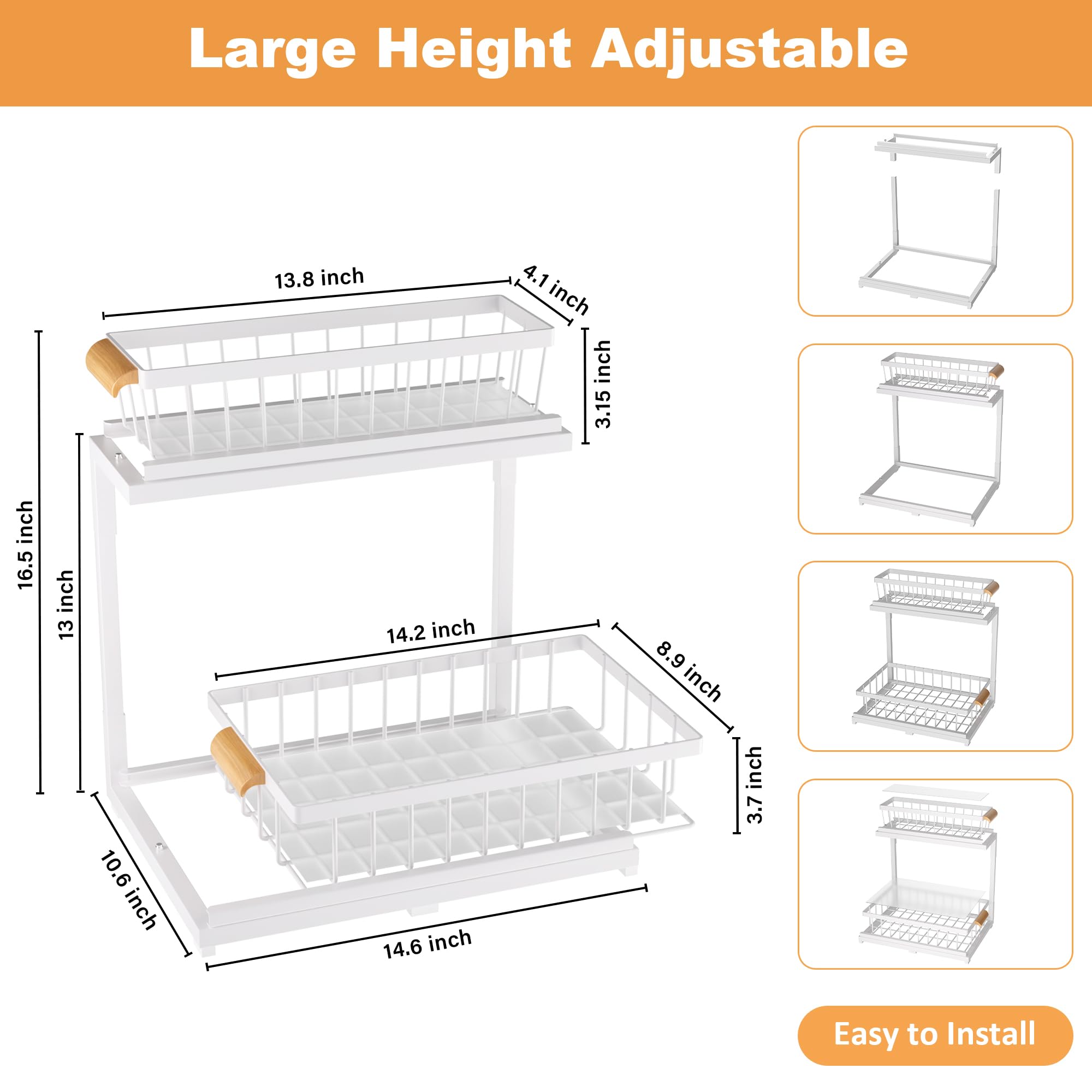 MERATIA Under Sink Organizer 2 Tier, Pull Out Drawer Slides Under Sink Storage for Bathroom Kitchen,Multi-Purpose Drawer Under Cabinet Organizer for Cleaning Supplies (White, Large-1 Pack)