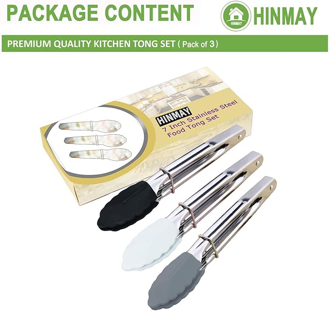 HINMAY 7-Inch Mini Tongs with Silicone Tips, Set of 3 (Black White Gray)
