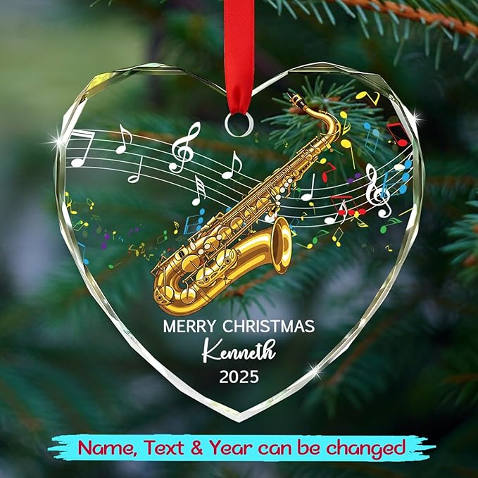 Personalized Text Year Name Saxophone Lover Glass Christmas Ornament 2026, Customized Saxophone Instrument Xmas Ornaments Gift for Brother Sister Dad Mom, Best Saxophonist Appreciation Glass Ornament