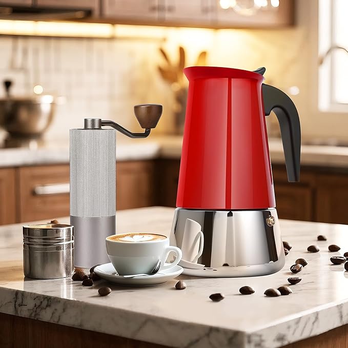 Suiitat 9 Cup Stainless Steel Moka Pot, 450ml Stovetop Espresso Maker, Red