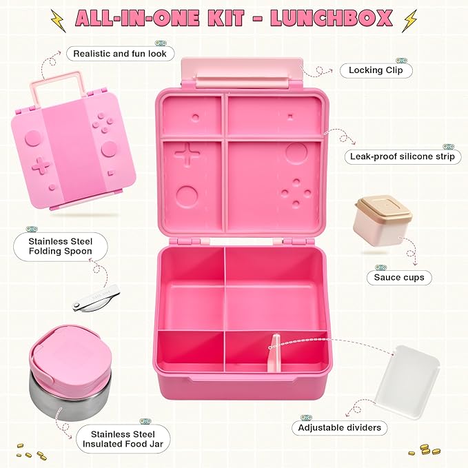 FAJSL Game Bento Box for Kids, Lunch Box with Thermo(9oz Food Jar), Folding Spoon, Removable Divider & Sauce Cup, Lunch Box Kids for School,Travel, BPA-Free & Realistic Shape (Pink)