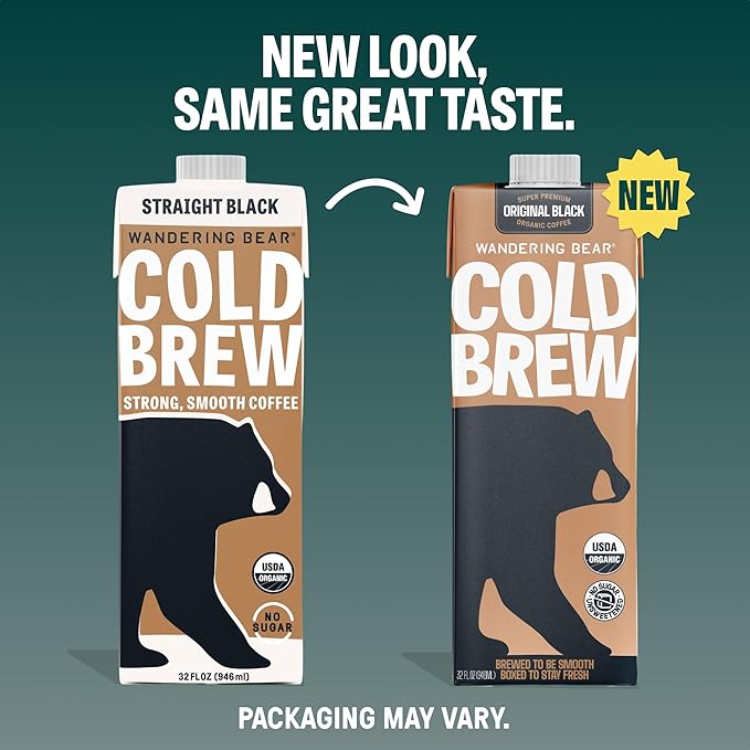 Wandering Bear Straight Black Organic Cold Brew Coffee - Extra Strong, Bold, Smooth, Unsweetened, Shelf-Stable, Ready to Drink & Vegan, 100% Organic Iced Cold Brewed Coffee Drink - 32 fl oz, 3 pack