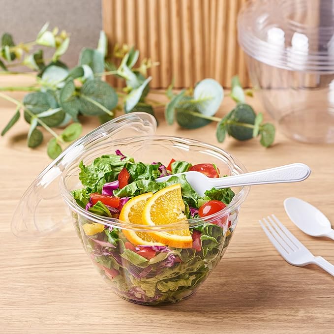 Jaluxing [48 oz. 50 Sets Clear Plastic Salad Bowls with Airtight Lids Disposable To Go Mixing Containers Serving for Fruit, Quinoa, Lunch and Meal Prep
