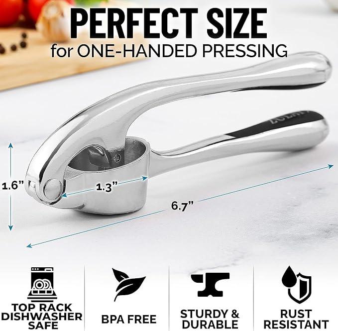 Zulay Kitchen Premium Garlic Press Set - Rust Proof Professional Garlic Mincer Tool - Easy-Squeeze, Easy-Clean with Soft, Ergonomic Handle - Silicone Garlic Peeler & Brush (Chrome)