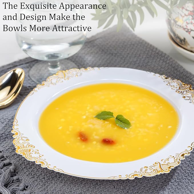 Nervure 50PCS White Plastic Bowls with Gold Rim - 12oz Disposable Soup Bowl