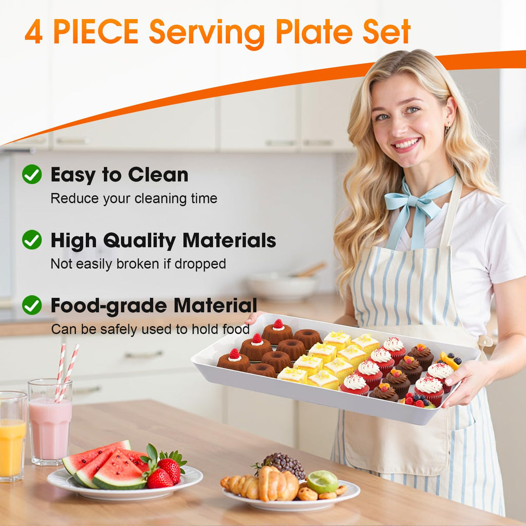Serving Trays, Serving Platter, Plastic Trays, 4-Pack, White