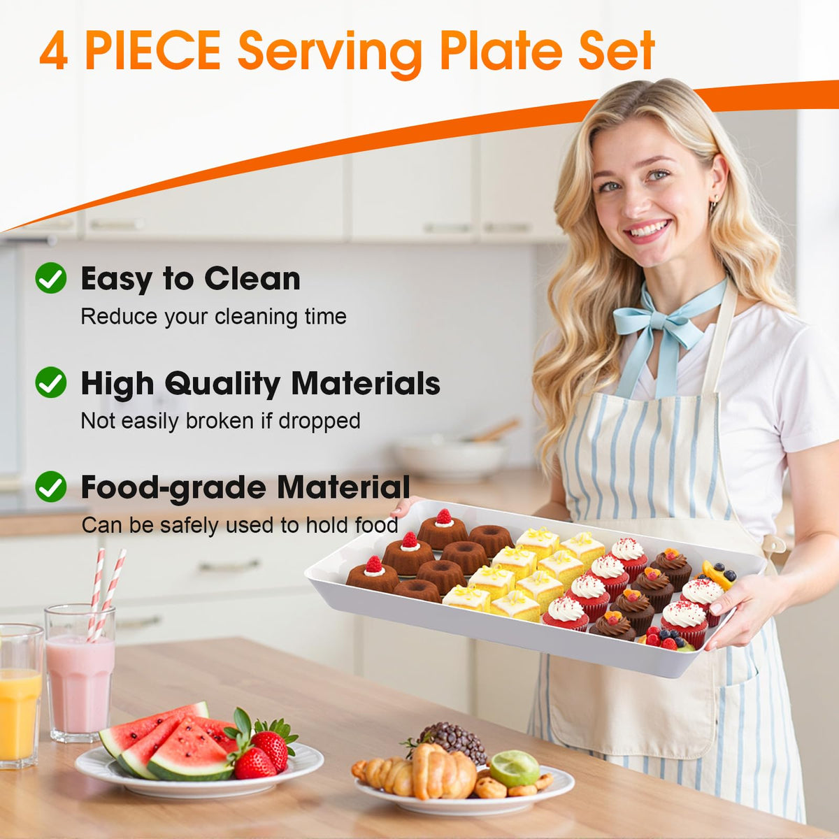 Serving Trays, Serving Platter, Plastic Trays, 4-Pack, White
