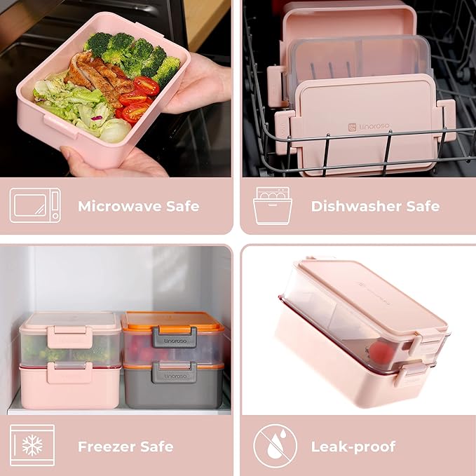 linoroso Stackable 2-Tier Adult Bento Box, 4 Compartments - Frozen Berry