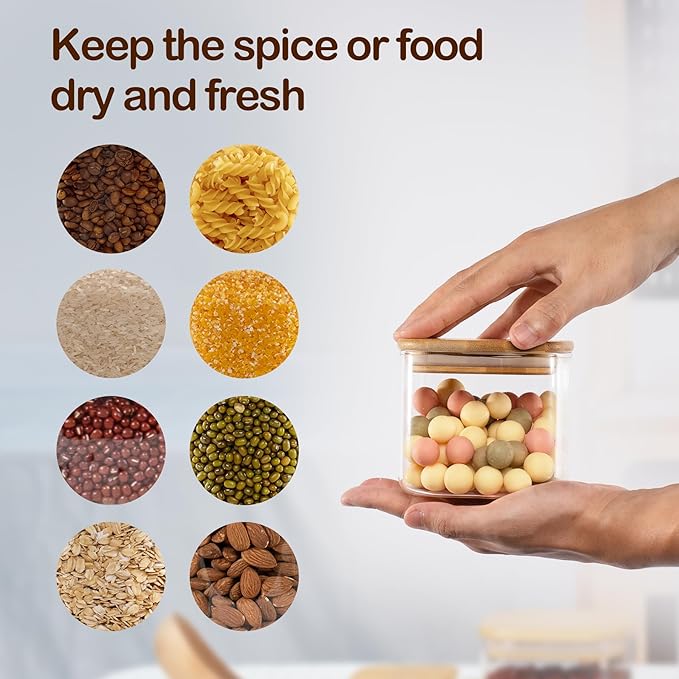 D2scrma 22oz Airtight Square Spice Containers with Bamboo Lid Set of 6 (650ml) Kitchen Pantry Organization Jar Stackable Spice Jar, for Sugar, Tea, Cookies and Coffee beans (‎with Black Lable)
