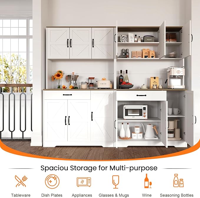 GRUSIGN 71" Pantry Cabinet with Charging Station, Large Capacity Kitchen Hutch Storage Cabinet, Kitchen Cabinet with Microwave Stand, Storage Drawers & Adjustable Shelves for Dining Room, Cream-White