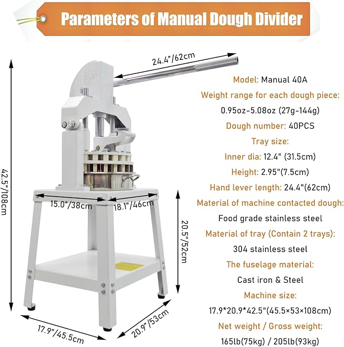 Yokoma Commercial 40pcs Dough Divider Manual 40PCS Dough Divider Manual Doughs Dividing Cutting Machine with 2 Stainless Steel Basin for Commercial Baking Needs, 0.95-4.41oz(27-125g) Range