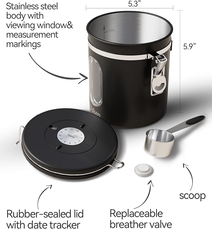 Veken Coffee Canister with Window, Airtight Stainless Steel Container, 16OZ