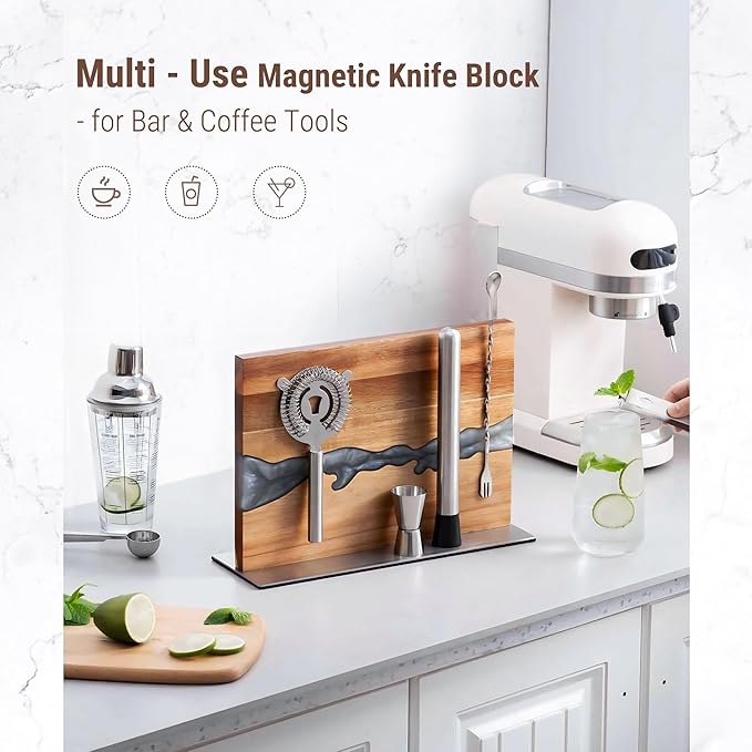 Magnetic Knife Block for Countertop, Strong Magnetic Knife Holder Stand, Acacia Wood & Epoxy Resin Organizer for Kitchen Knives, Gift for Cooks