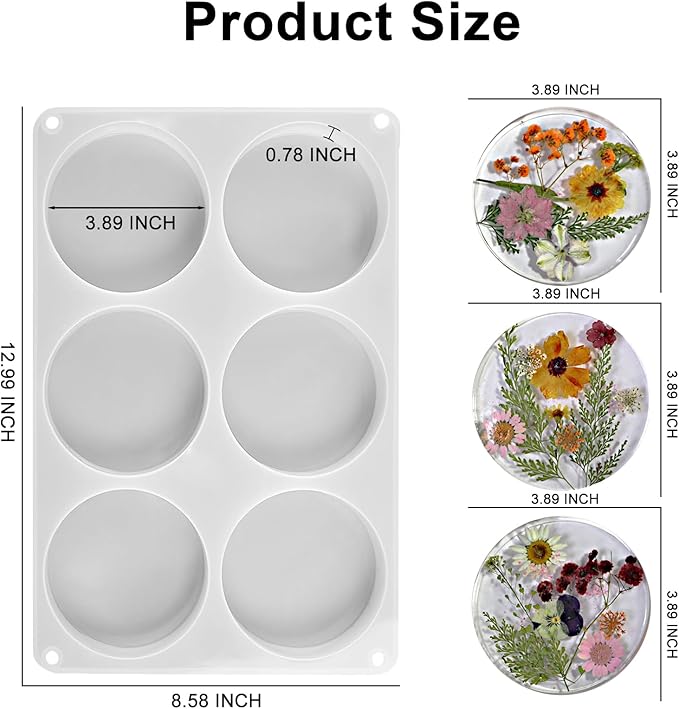 Sjubaopen Deep Round Resin Coaster Molds, 6 Cavity Thicken Round Silicone Coaster Molds for Epoxy Resin, DIY Crafts, Bouquet Preservation,Home Decoration