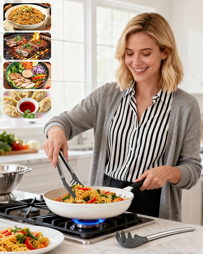 Spaghetti Spoon and Pasta Tong with Teeth and Drain Holes, 2-Piece Non-Stick Silicone Spoon Server Fork with Stainless Steel Handle, Kitchen Tong for Cooking, Serving, Salad and Noodles, Grey