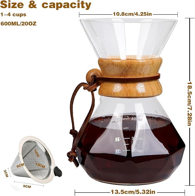COFISUKI Pour Over Coffee Maker with Reusable Stainless Steel Drip Filter, Lead-Free Borosilicate Glass Coffee Carafe with Modern Wooden Collar for 1-4Cup, Diamond Clear (600ml/20oz)