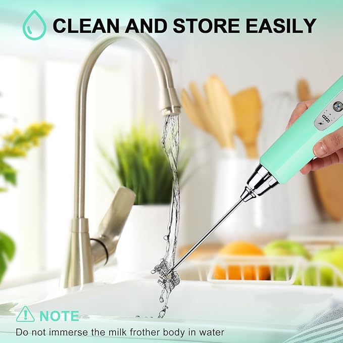 YUSWKO Handheld Milk Frother Wand for Coffee, Rechargeable Electric Whisk with 3 Heads 3 Speeds Drink Mixer Coffee Frother For Latte, Cappuccino, Hot Chocolate, Egg, Baby Blue
