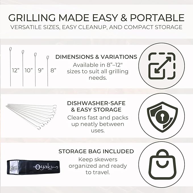 O-Yaki Flat Metal Kabob Skewer for Grilling Set of 8 BBQ Skewers Stainless Steel with Storage Bag, Dishwasher Safe with Hook Handle & Sharp Tip for BBQ, Cookouts & Oven Use 12 Inch