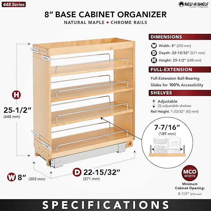 Rev-A-Shelf Pullout Kitchen Cabinet Organizer, Min Cabinet Opening 8.5" W