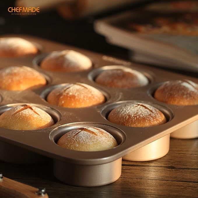 CHEFMADE Muffin Cake Pan, 12-Cavity Non-Stick British Cupcake Pan Bakeware for Oven Baking (Champagne Gold)