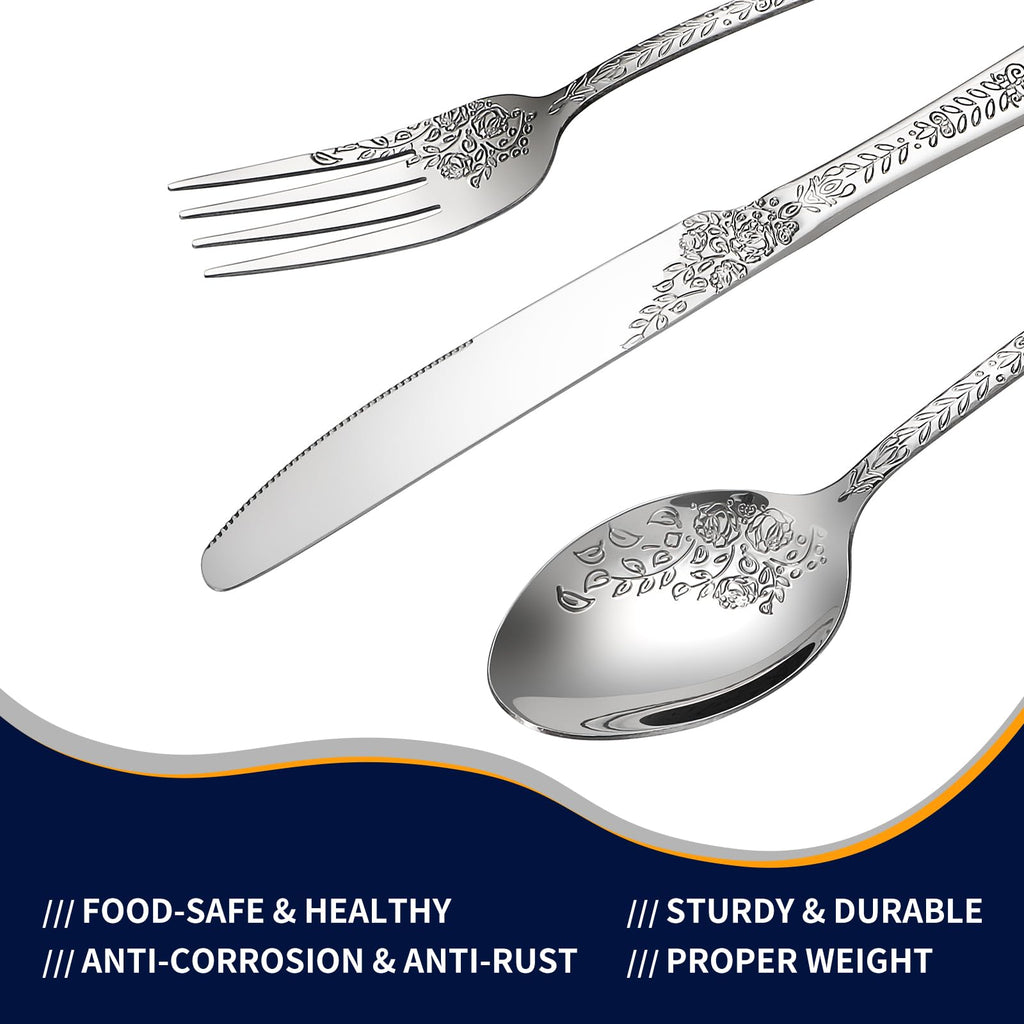 40 Pcs Silverware Set for 8, Food Grade Stainless Steel Flatware Set, Eating Utensils Sets Include Fork/Knife/Spoon, Reusable Cutlery Set for Home Kitchen, Dishwasher Safe, Embossed pattern-1