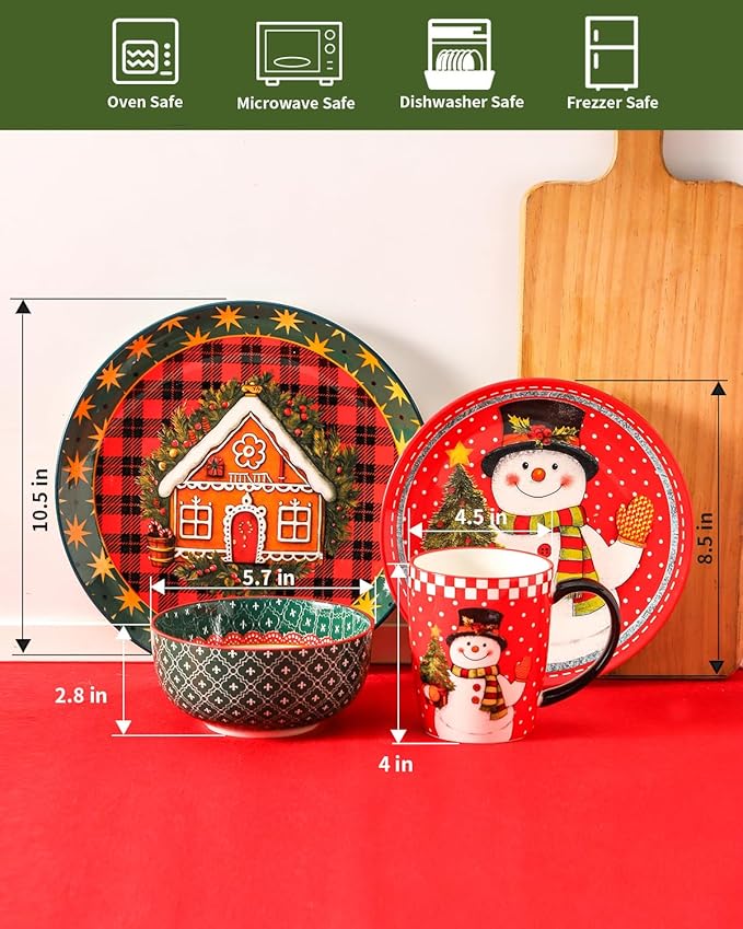 Hasense Dinnerware Set of 4, Ceramic Holiday Plates and Bowls Sets with Mugs, 16 Pieces Chip & Scratch Resistant Serving Dishes for Party Everday Use, Microwave and Dishwasher Safe