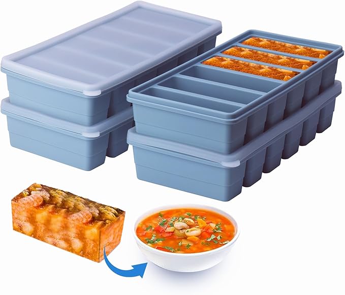 1/2 Cup Silicone Freezer Tray With Lid - Silicone Freezer Molds 4-Pack For meal prep & freezing of various sauces and other dishes, makes 24 perfect 1/2 cup portions cube (Blue 4 Pack)