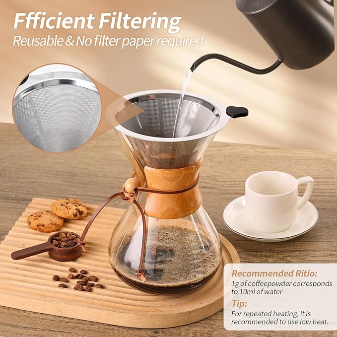 Yopinmall Pour Over Coffee Maker 34 OZ, 10 Cup Borosilicate Glass Drip Coffee Maker with Reusable Stainless Steel Filter and Cork Grip for Home Café 1000 ML